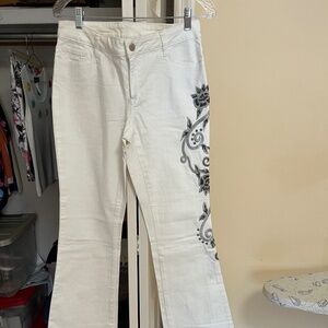 Boston Proper embroidered jeans - white with gray and black embroidery